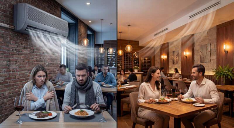 sistema de ducto en un restaurante contra un aire acondicionado minisplit